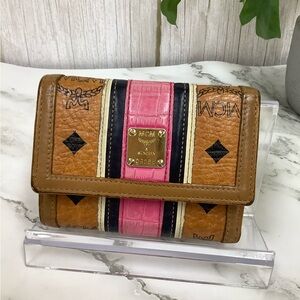 MCM Cognac Leather Wallet with Pink and Black Stripe